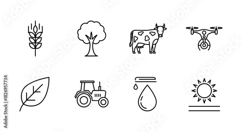 Linear agriculture icons: wheat, tree, cow, drone, leaf, tractor, water, sun