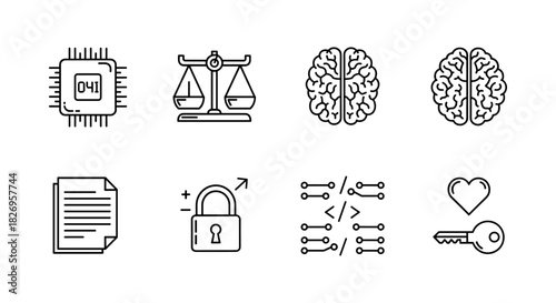 Linear outline icons of technology, law, brain, and security concepts