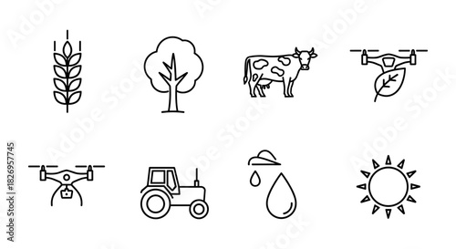 Agriculture icons set featuring farm, drone and nature elements in outline style
