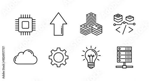 Technology icon set: microchip, cloud, gear, server, ideas, and data concepts
