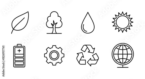 Minimalist eco icons: nature, energy, and sustainability symbols in linear style