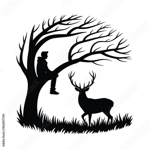 Hunter sits in tree watching deer silhouette in nature