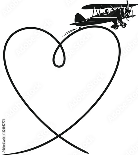 Vintage biplane flying with heart shaped smoke trail, romantic aircraft silhouette vector illustration for love and travel concept.
