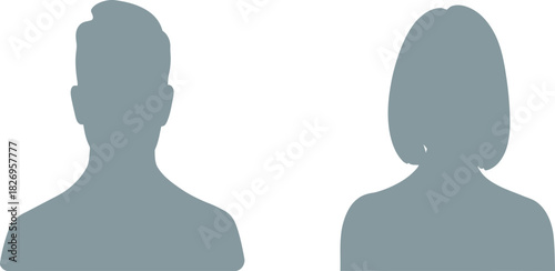 User profile avatar silhouettes, male and female default placeholders, grey vector icons, anonymous face symbols.