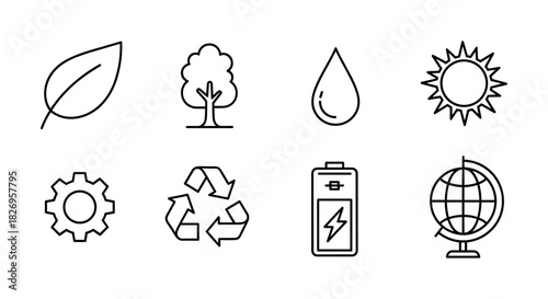 Eco-friendly icons with linear design featuring nature and sustainability symbols