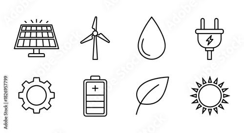 Sustainable energy and ecology icons in modern linear design