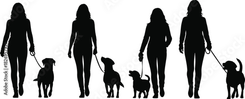 Dog walking silhouettes, leash pose variety, black outline, minimal art, pet lifestyle, human-animal bond, outdoor gesture, companion scene