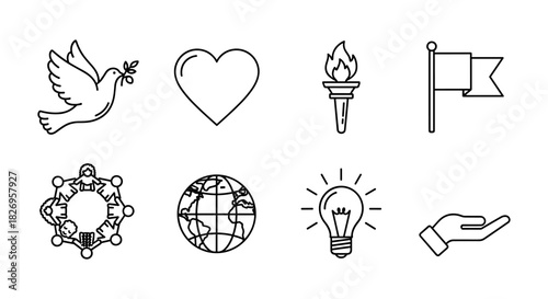 Peace and unity icons: dove, heart, torch, flag, teamwork, globe, lightbulb, helping hand in linear style