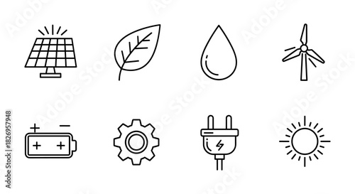 Eco-friendly energy and nature icons: solar, wind, leaf, water, battery, sun