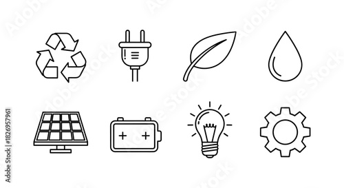 Linear icons of sustainable energy and eco elements for renewable solutions
