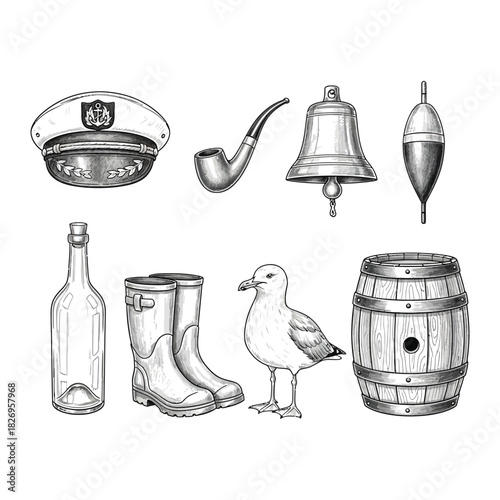 Vintage pencil sketch still life of nautical objects including captain hat, pipe, bell, bobber, bottle, boots, seagull, and barrel on a white background