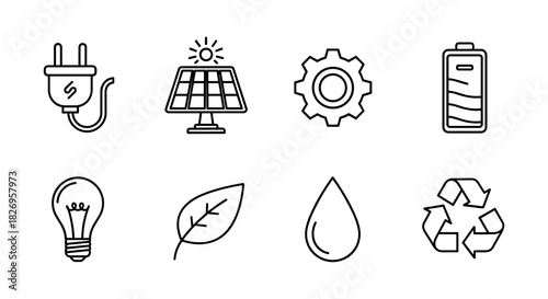 Sustainable energy icons: solar, recycling, eco-friendly technology