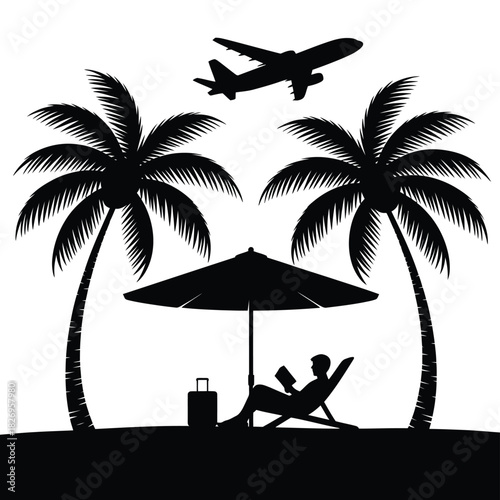 Silhouette of person relaxing under palm trees with airplane overhead