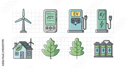 Sustainable energy elements: renewable icons of wind, solar, and electric vehicles