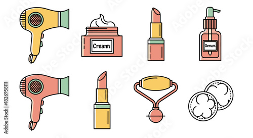 Flat style beauty and skincare icons: hair dryers, creams, lipsticks, and more