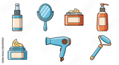 Colorful beauty and skincare tools and accessories collection