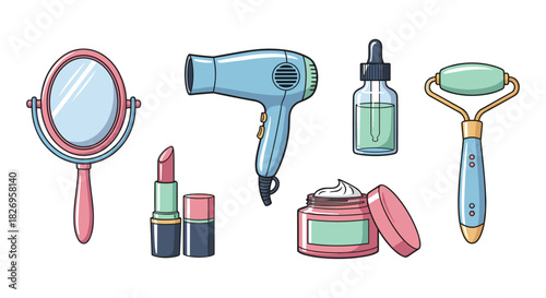Trendy beauty essentials: stylish hair dryer, makeup, and skincare tools