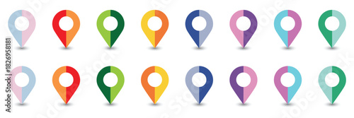 Collection of colorful map pins in a grid on a white background.
