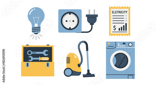 Home appliance icons: eco-friendly flat design with electricity elements