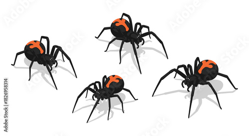 Isometric black widow spiders with red markings set against white background