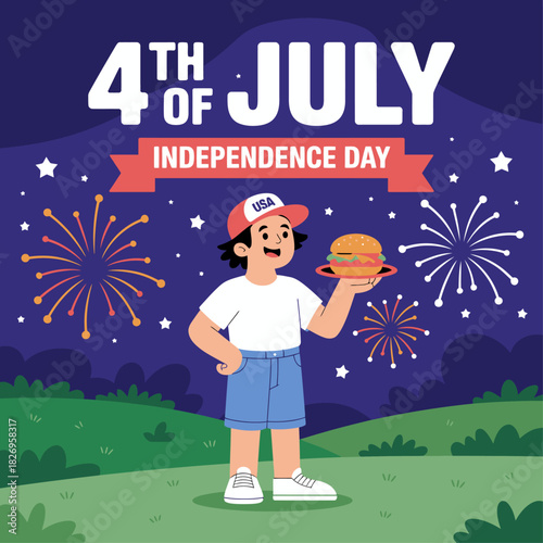 4th of July Celebration - Boy with Burger and Fireworks.