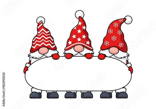 Three Christmas Gnomes Holding Blank Festive Holiday Sign