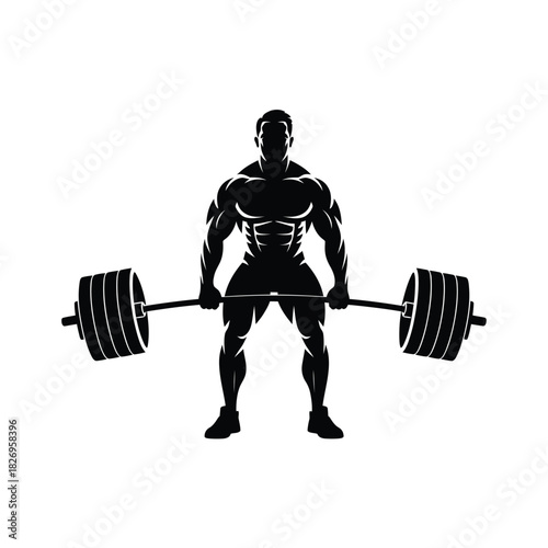Silhouette of a muscular bodybuilder lifting a heavy barbell