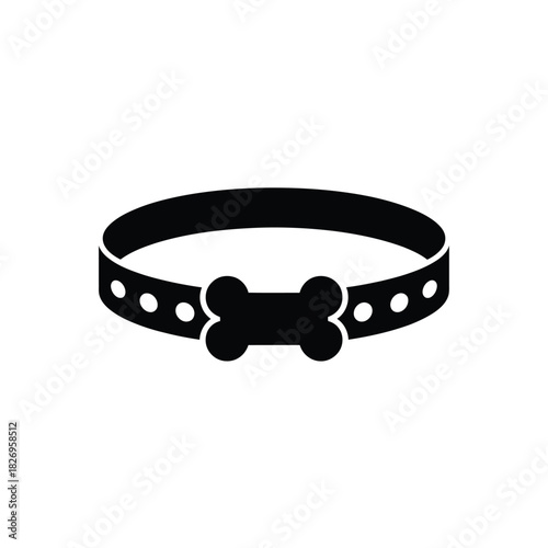 Simple black dog collar with bone shaped tag icon