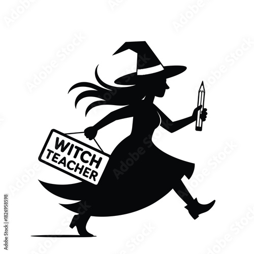 Silhouette of a witch running with a sign and a quill