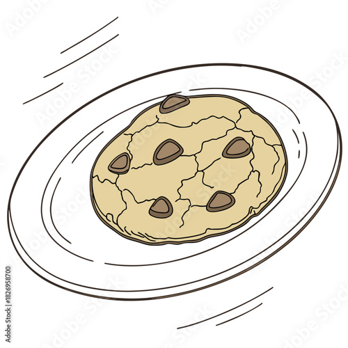 Delicious chocolate chip cookie on a white plate illustration
