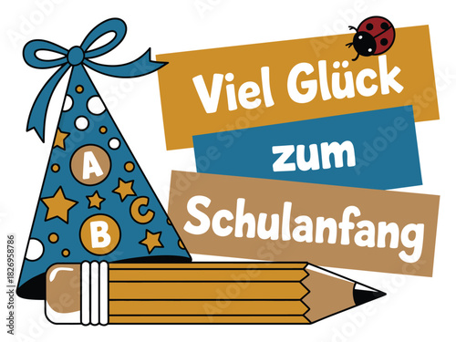 A party hat and pencil wish good luck for the start of school.