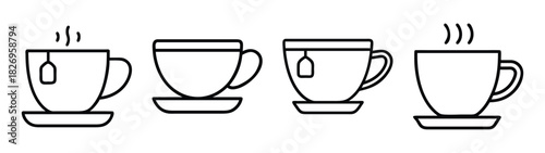 Tea cups vector illustration: hot tea, tea bags, cups, saucers, beverage, drink, black lines