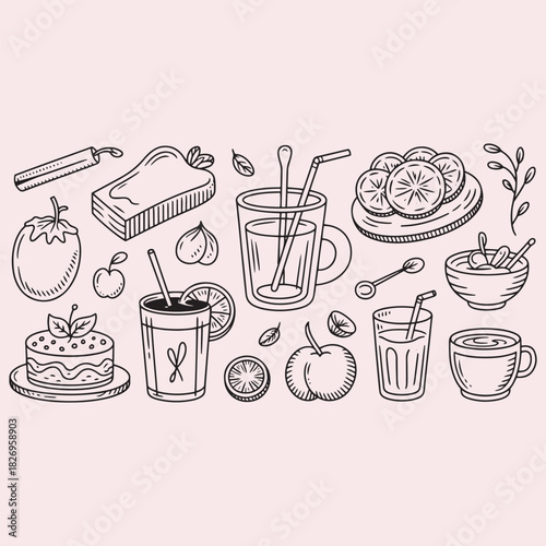 Assortment of Food and Drink Illustrations with Fruits and Cake drawing sketch