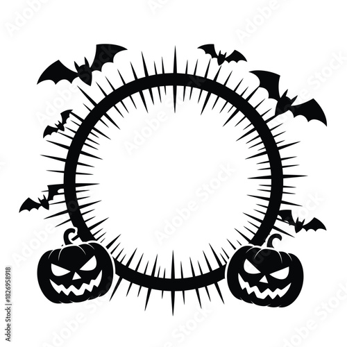 Spooky halloween circle frame with bats and jack o lanterns