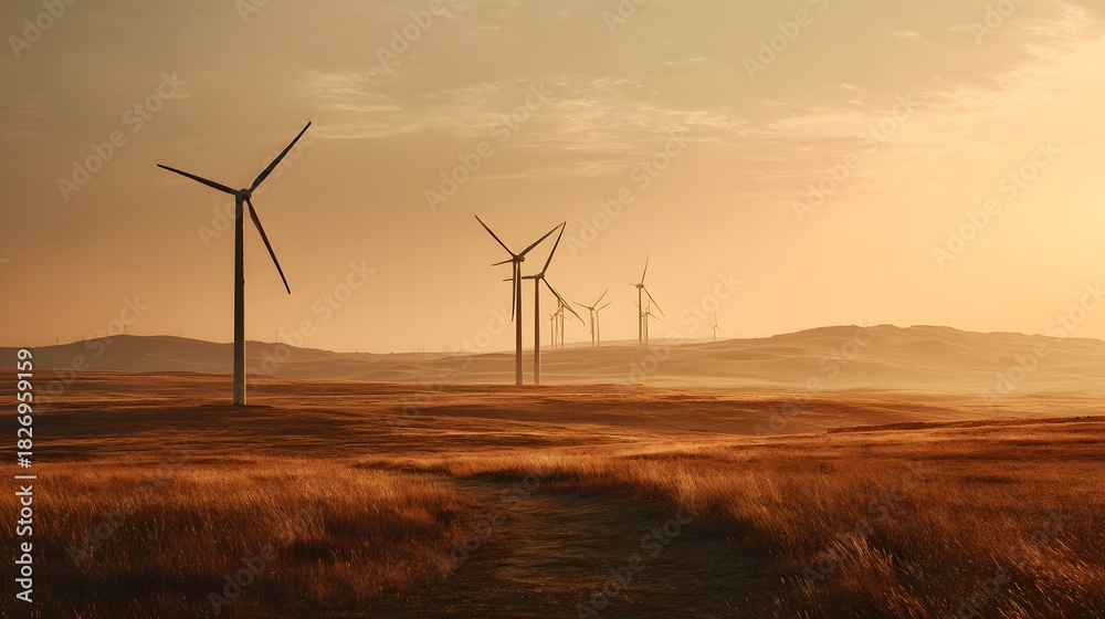 Obraz premium Several wind turbines stand silhouetted across a vast, grassy landscape during a warm sunset.