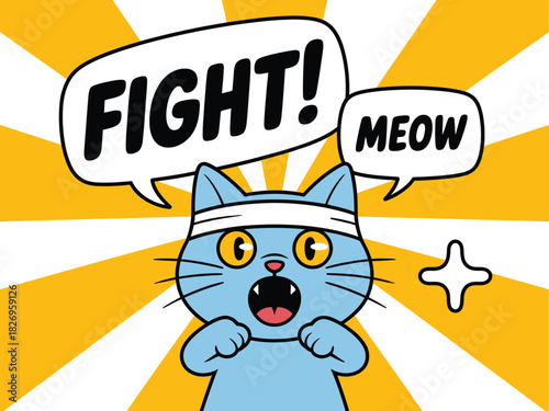 A blue cat with a headband shouts "FIGHT!" and "MEOW" in speech bubbles.