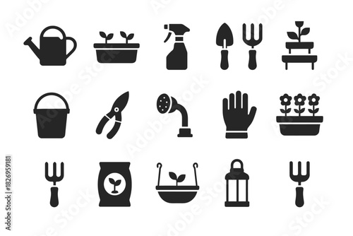 Gardening icons set: tools and plants silhouettes