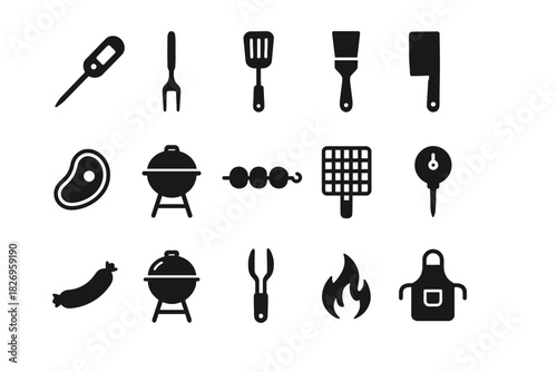 Bbq and grilling icon set: tools, meat, fire, apron