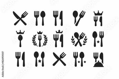 Silhouette collection of utensil icons with decorative elements