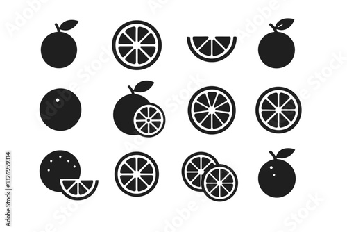 Black and white citrus fruit icons in various arrangements
