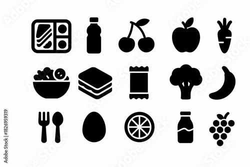 Set of black food icons: fruits, vegetables, and snacks vector symbols