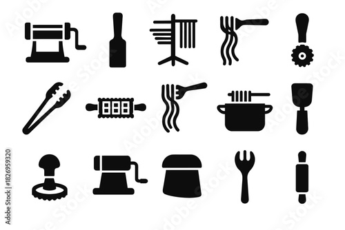 Collection of kitchen utensil icons for pasta making and cooking