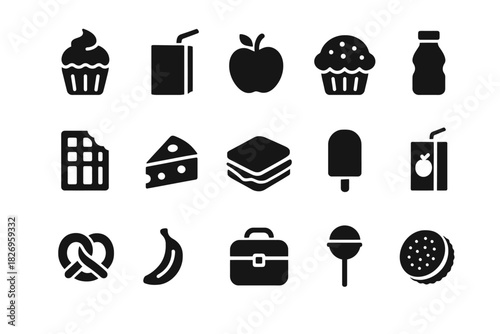 Set of 16 food and drink icon illustrations including cupcake, cheese, and beverage