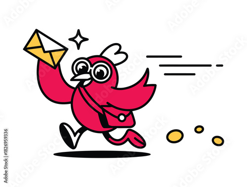 A cartoon red bird is running with a letter in its beak and a messenger bag.