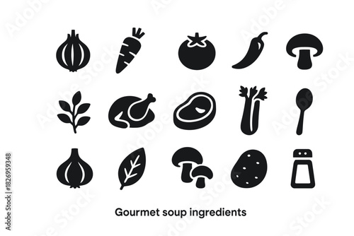 Icons of gourmet soup ingredients including vegetables and meat