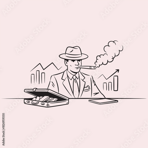 Businessman in hat smoking cigar with briefcase and financial charts suit fedora