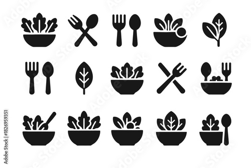 Collection of fresh salad and cutlery icons featuring leaves and bowls