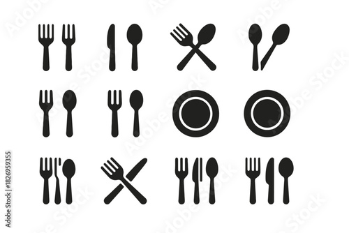 Silhouette set of cutlery: forks, knives, spoons, and plates in various arrangements