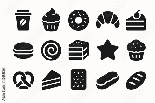 Assorted bakery icons: coffee, cupcake, donut, croissant, cake, macaron, pretzel, eclair, bread