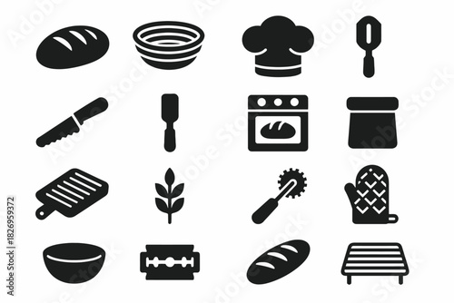 Set of baking icons: bread, utensils, oven, chef hat, mitt, tools